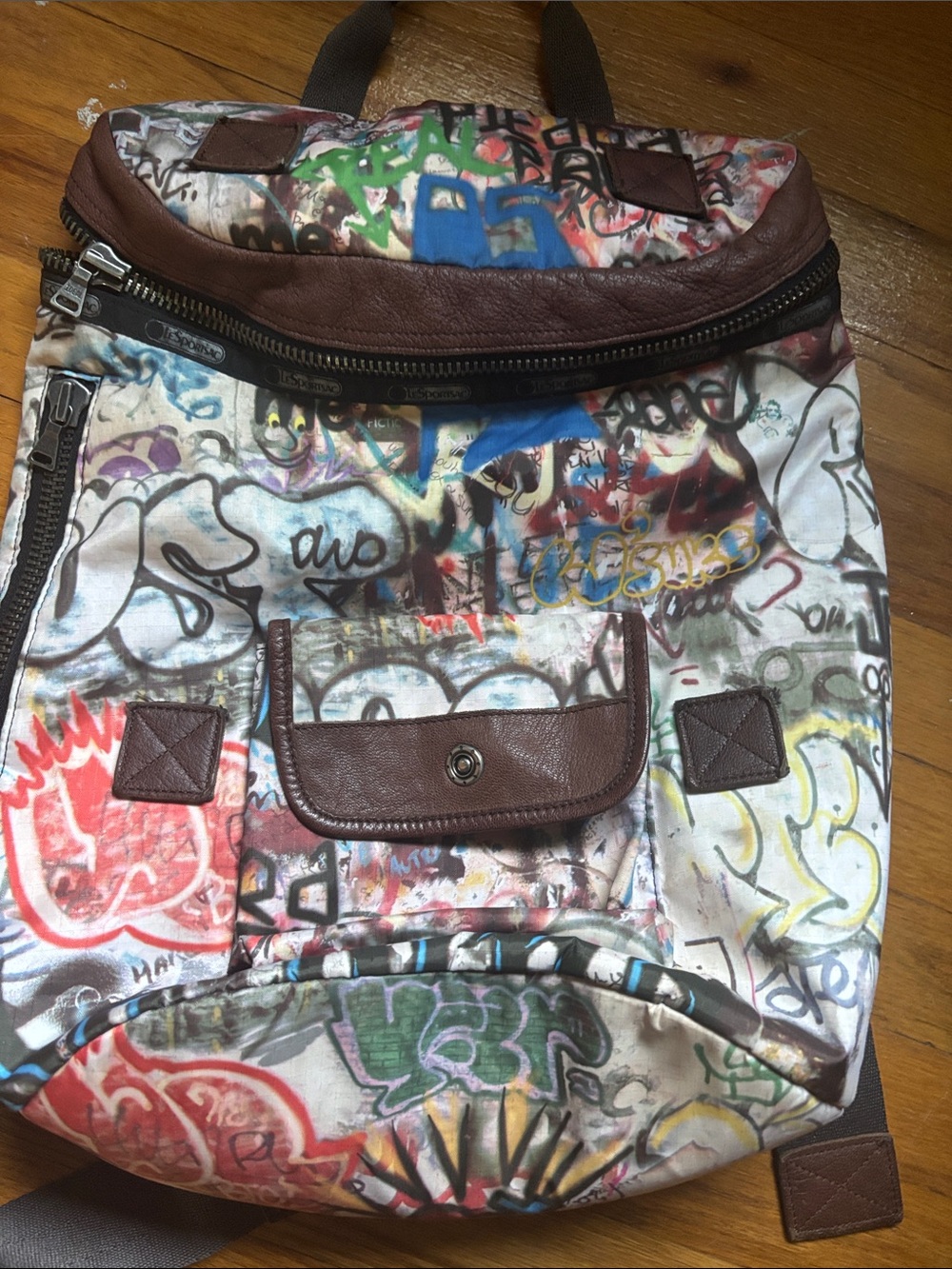 Rare LeSportsac Graffiti Print Backpack with Brown Leather Trim